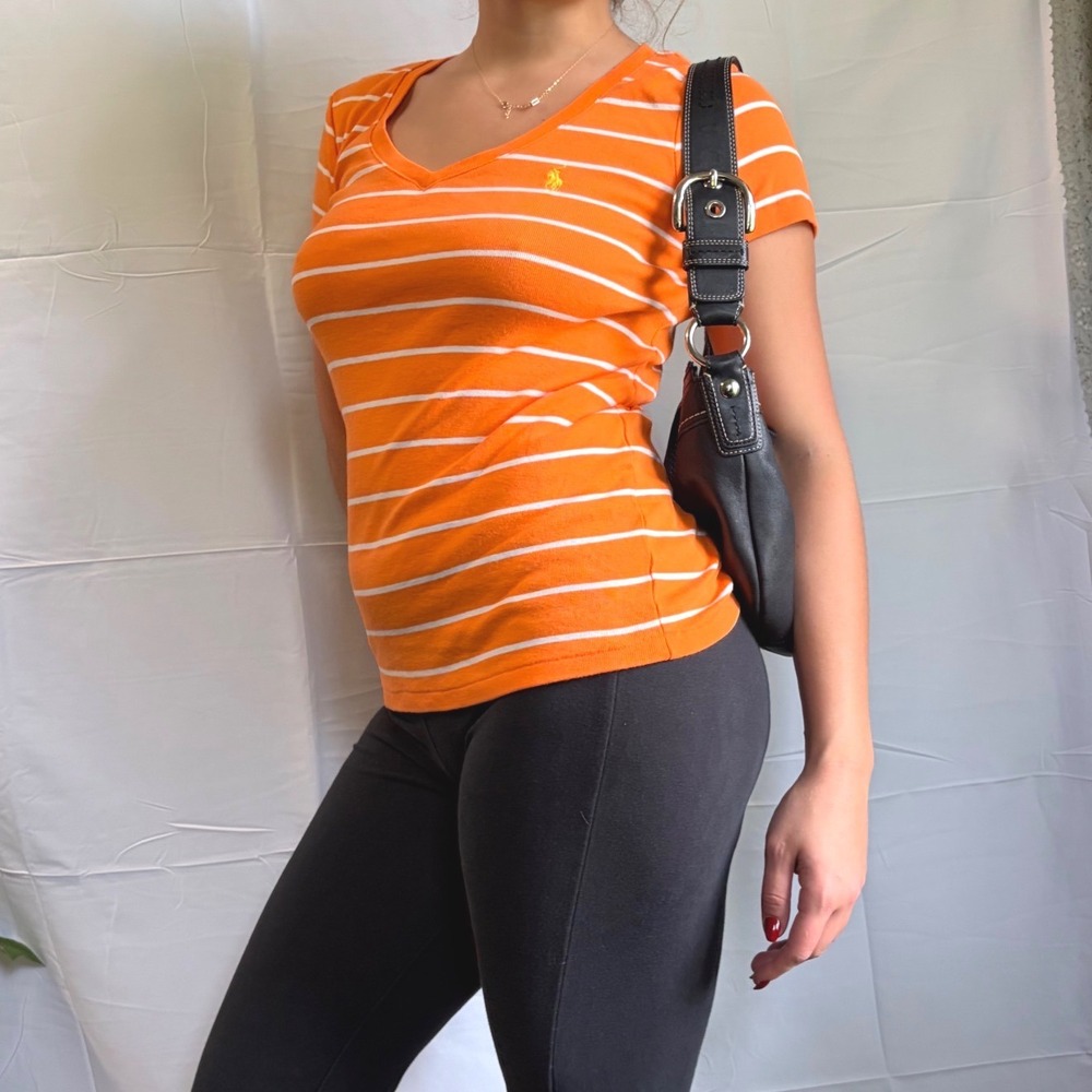 Striped Fitted Ralph Lauren Sport Orange White S V-Neck T-Shirt Size M Cotton